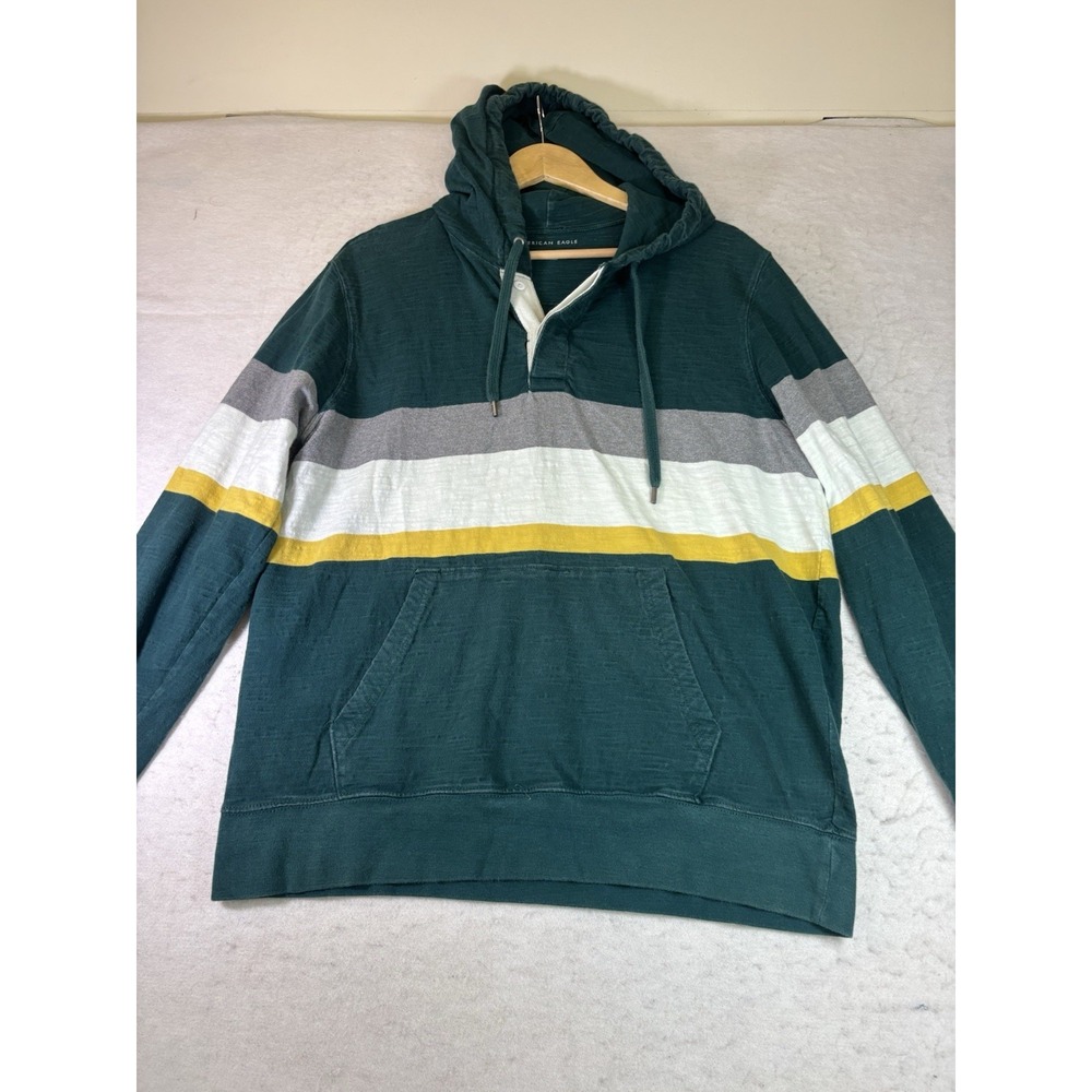 American Eagle Outfitters Mens L Henley Hoodie Green Color Block Drawstring